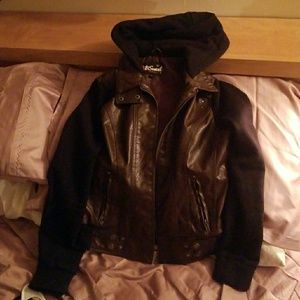 Leather jacket with sewn in hoodie.